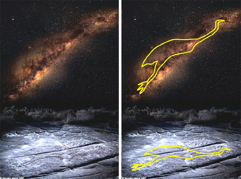 Composite image showing the emu in the stars and the carving on the rock