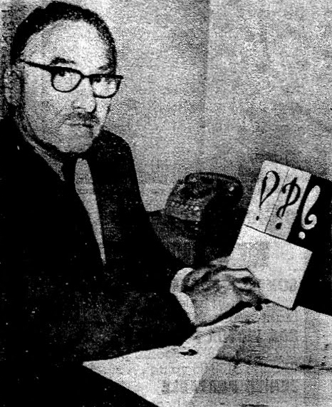 Martin Speckter with early interrobang designs. Image from the World-Herald, June 1967