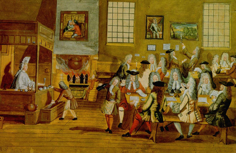 Artwork depicting the interior of a London coffeehouse in the 17th Century