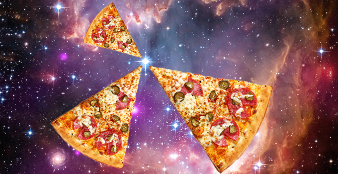 A mock-up of pizza slices floating in outer space