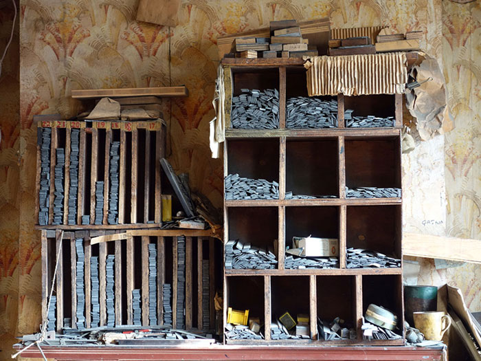 Cabinets full of type spacers, in the compositors room on the first floor