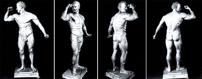 A composite image of different views of the Eugen Sandow statue