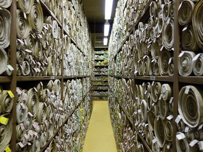 Shelves containing stacked scrolls of parchment featuring British laws