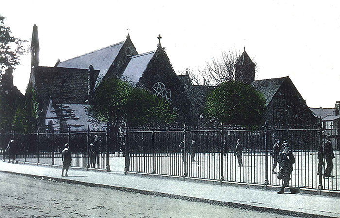 The William Wigginton-designed All Saints Church in Leyton, featuring a pentagram, pictured c1905