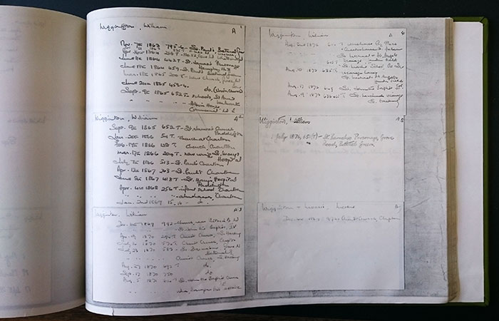 A book of facsimiles of RIBA index cards listing William Wigginton's building designs