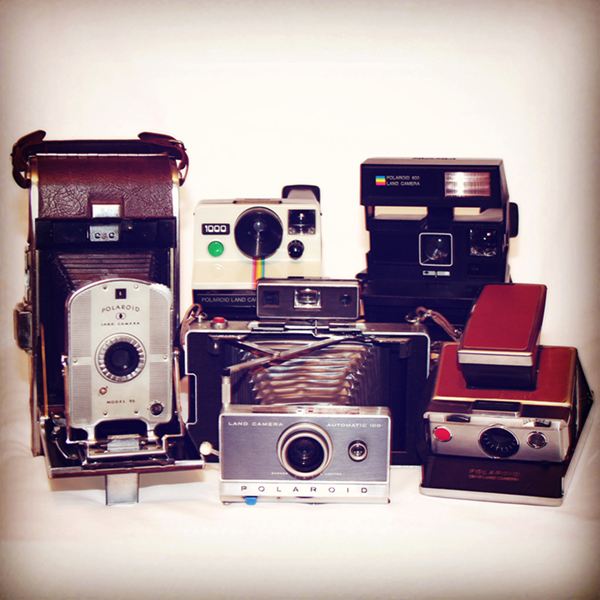 Instagram image of a collection of different models of Polaroid cameras