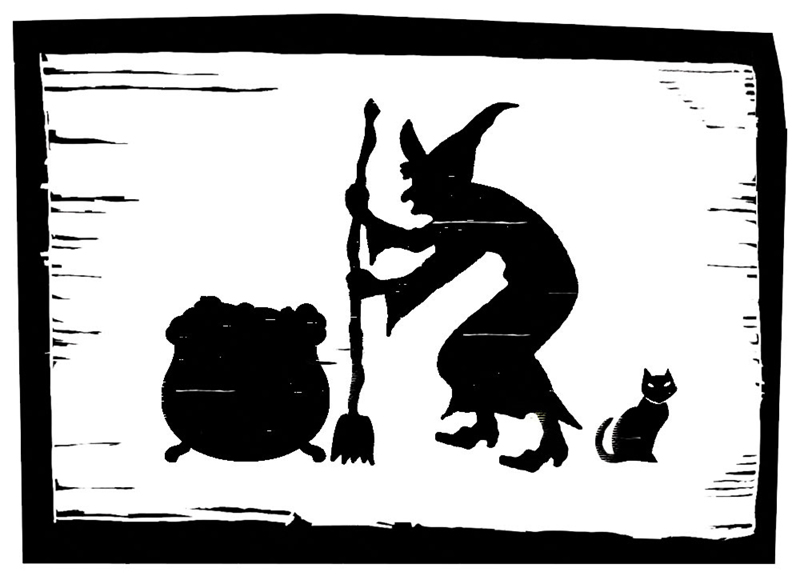 A woodcut-style image of a witch at a cauldron