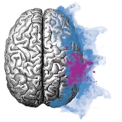 A sketch of a brain with watercolour marking brain activity