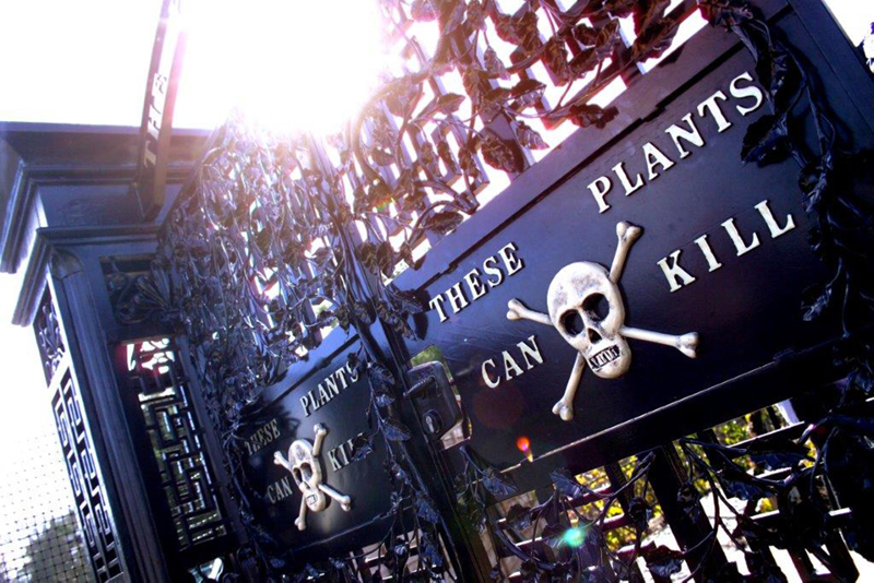 Entrance gate to Alnwick Poison Garden, with skull and cross bones