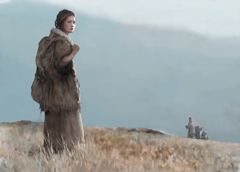 Illustration of a young woman walking across a landscape