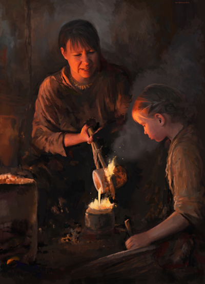 Illustration of a woman pouring molten metal while a child looks on