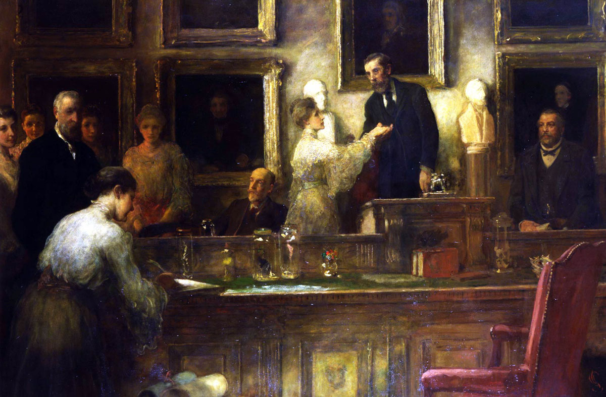 A painting of multiple people in a room, including a woman signing a document at a table and another shaking a man's hand