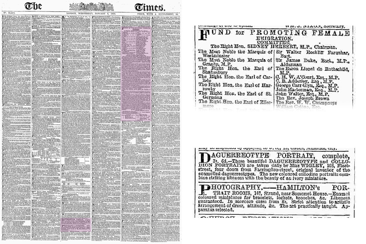A page from a 19th Cenutry newspaper, which two articles highlighted and shown enlarged alongside the main page