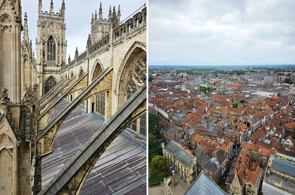 Two images side by side: one of the buttresses on a cathedral roof, and the other a view of the city below from the cathedral roof