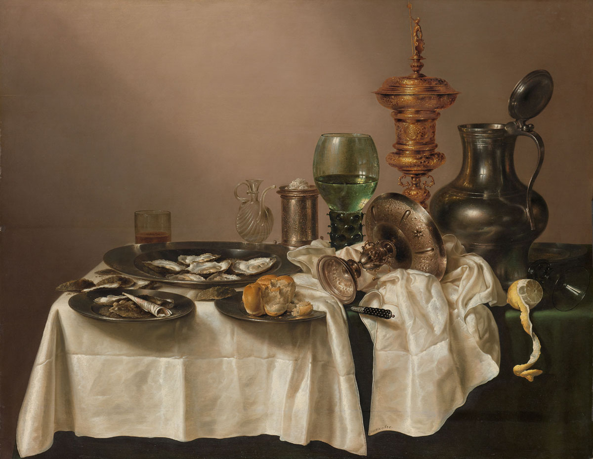 a still life painting featuring glassware and silverware on a table, as well as a lemon with peel dropping over the edge of the table