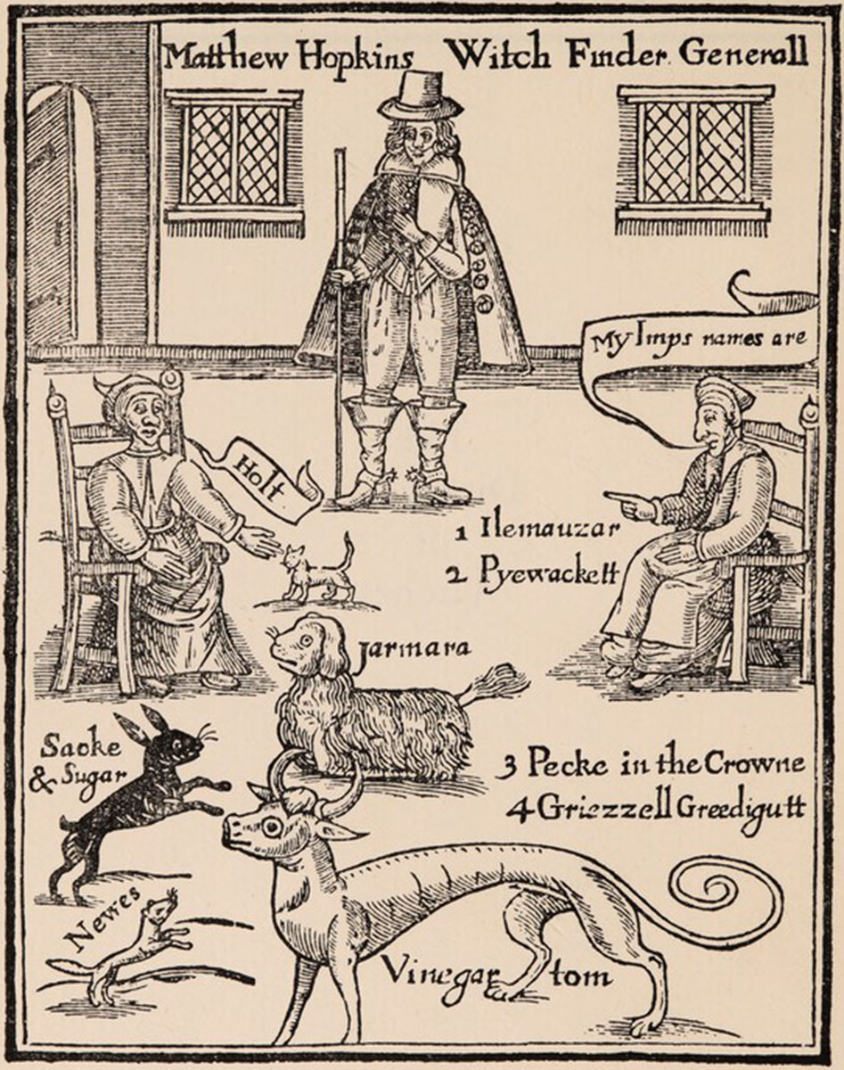 Woodcut illustration showing a man in a hat with a cane, two women sitting in chairs, and multiple animals