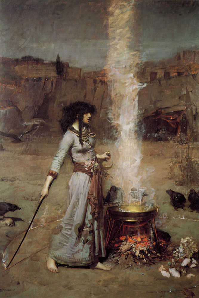 A painting of a witch walking around a cauldron with crows watching on.