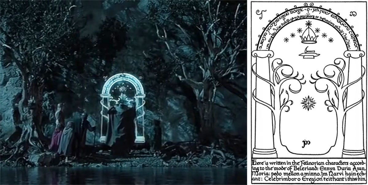 A composite image of a still from a film showing people standing in front of a door on the left, with an illustration of that door from the original book on the right.