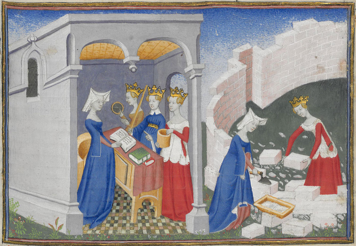 An illustration from a medieval manuscript featuring, on the left, women standing around a table with book son it, and on the right, two women building a circular room with bricks
