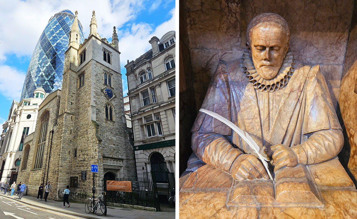 A composite image showing an old church among modern buildings, on the left, and a statue of the head and shoulders of a man who is writing in a book, on the right,