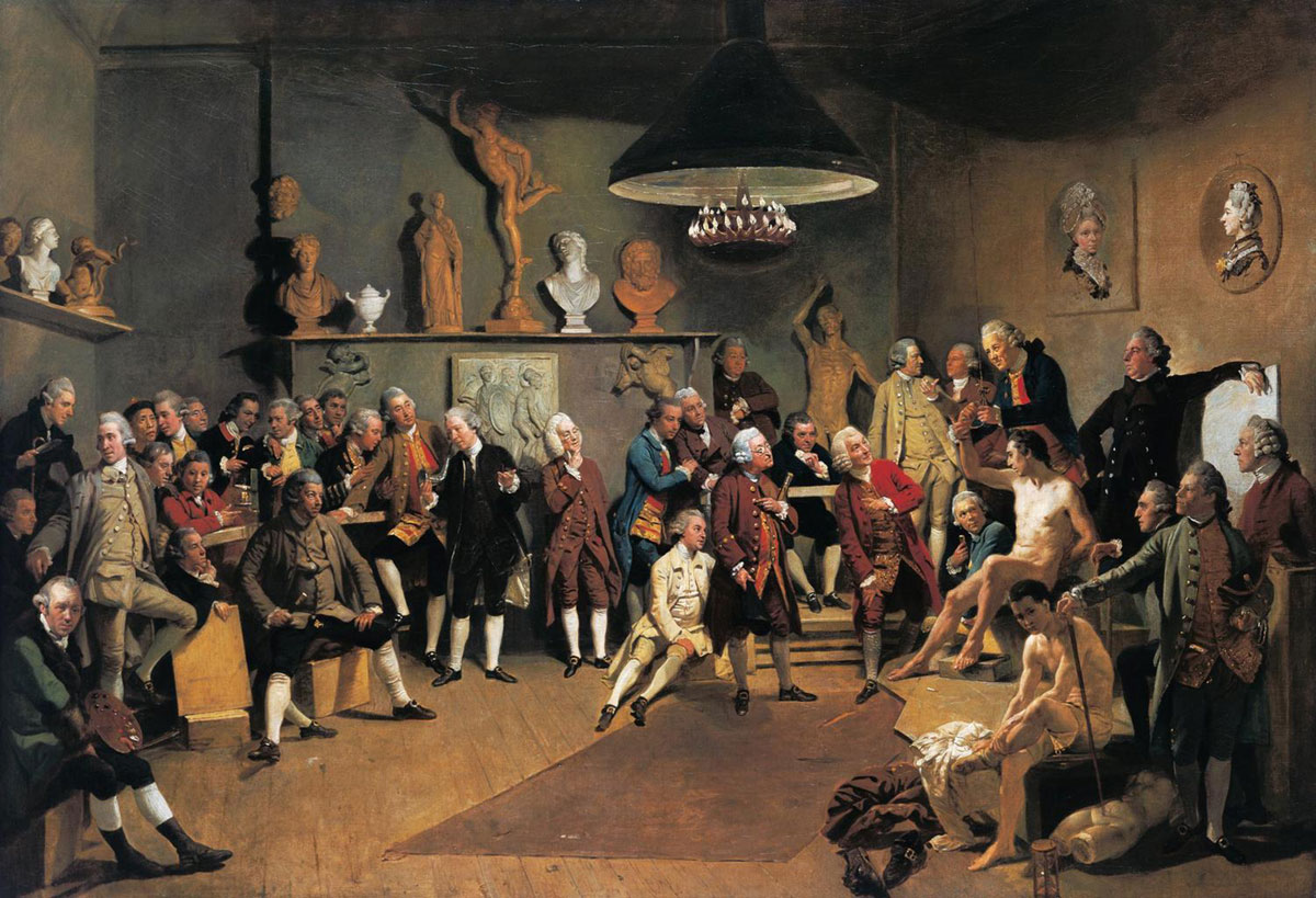 Painting of a group of men in a life drawing room, with two naked models.