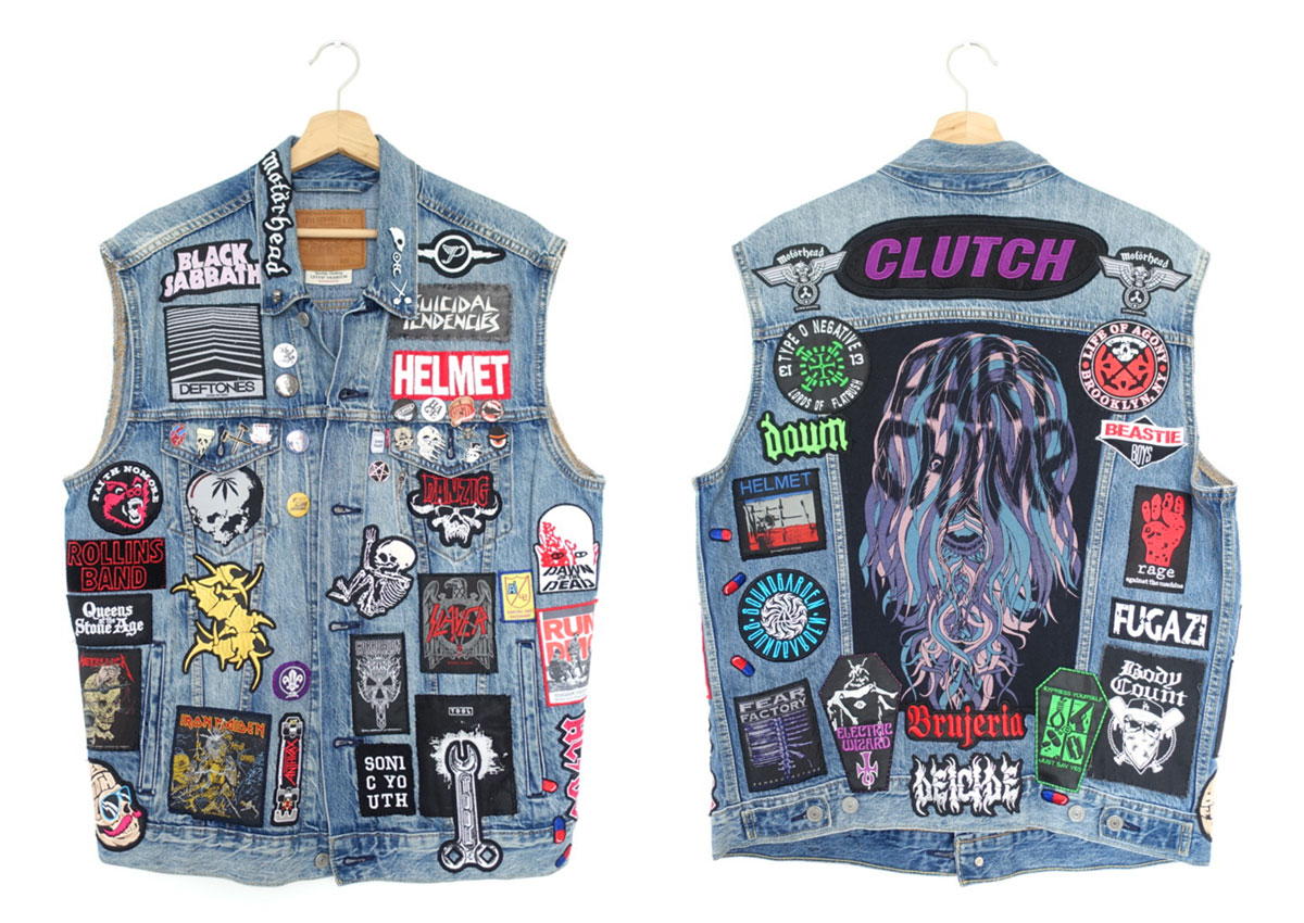 A composite image of the front and back of a sleeveless denim jacket decorated with embroidered patches and badges.