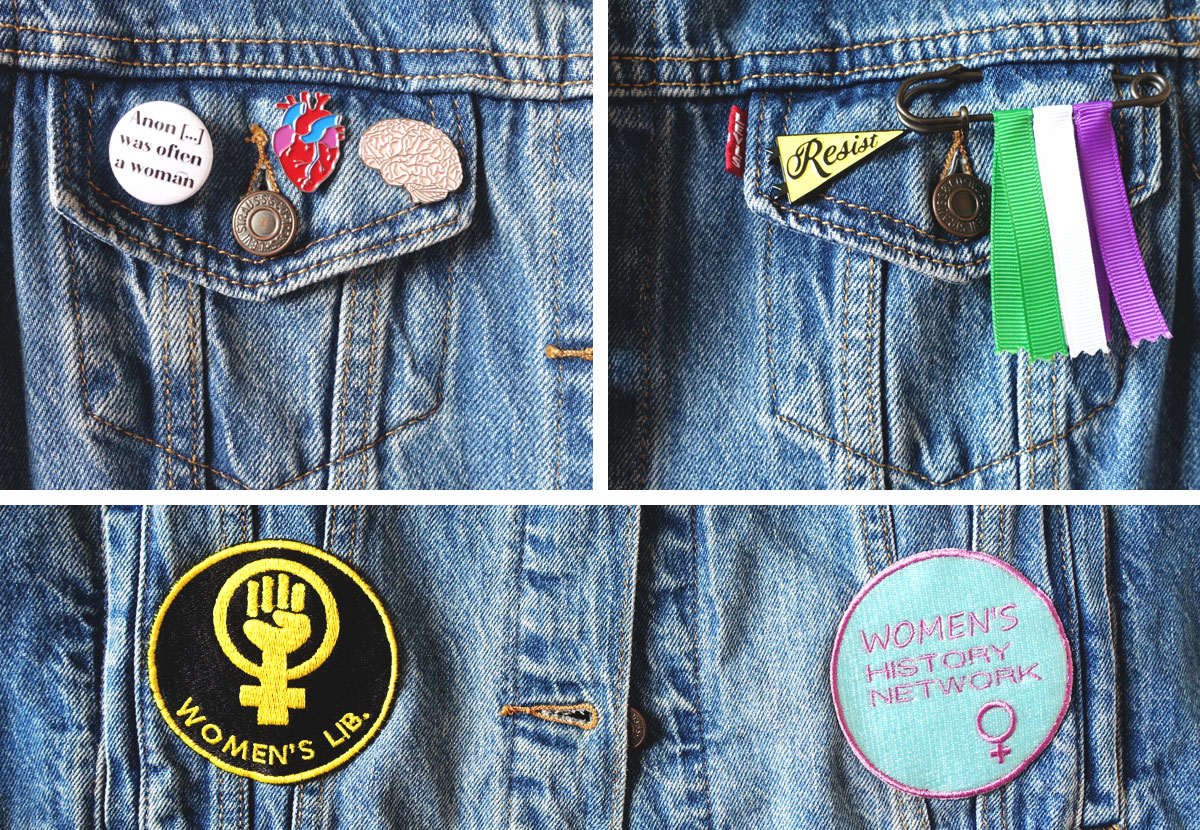 A composite image of close-ups of embroidered patches, badges and ribbons on a denim jacket