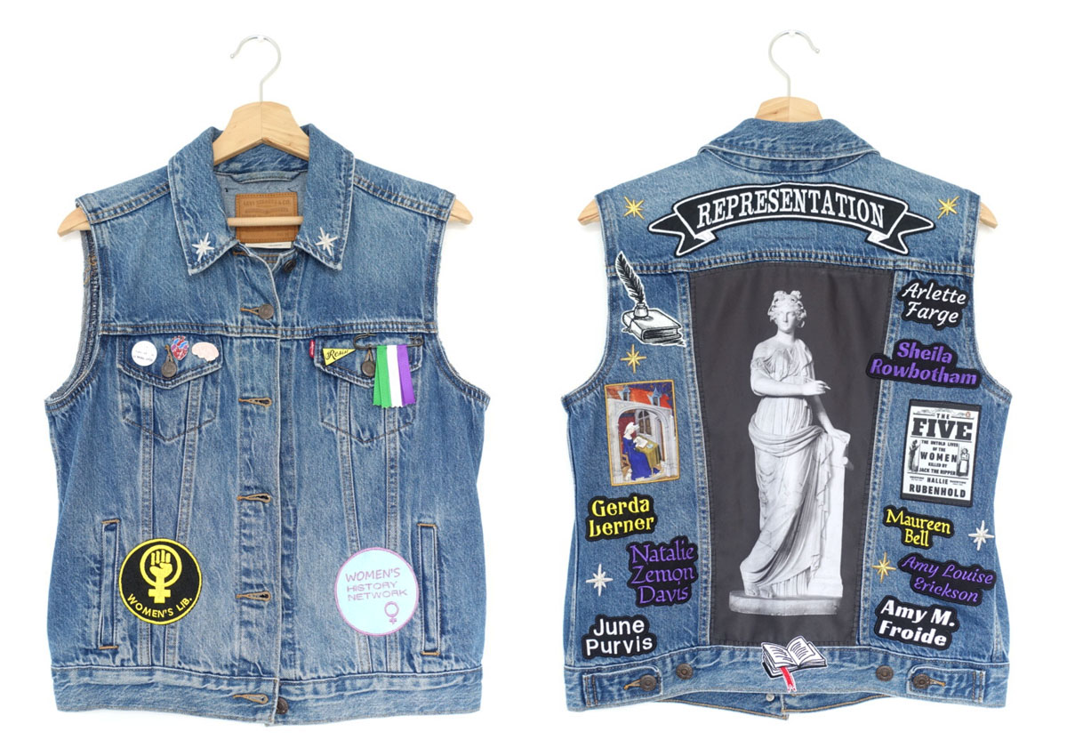 A composite image of the front and back of a sleeveless denim jacket decorated with embroidered patches and badges.