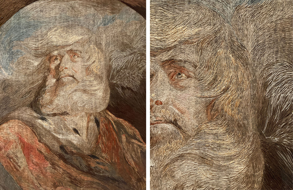 Composite image of an embroidery of the head and shoulders of King Lear, with a close-up of the detail of his face. He has a bushy beard and long flowing hair.