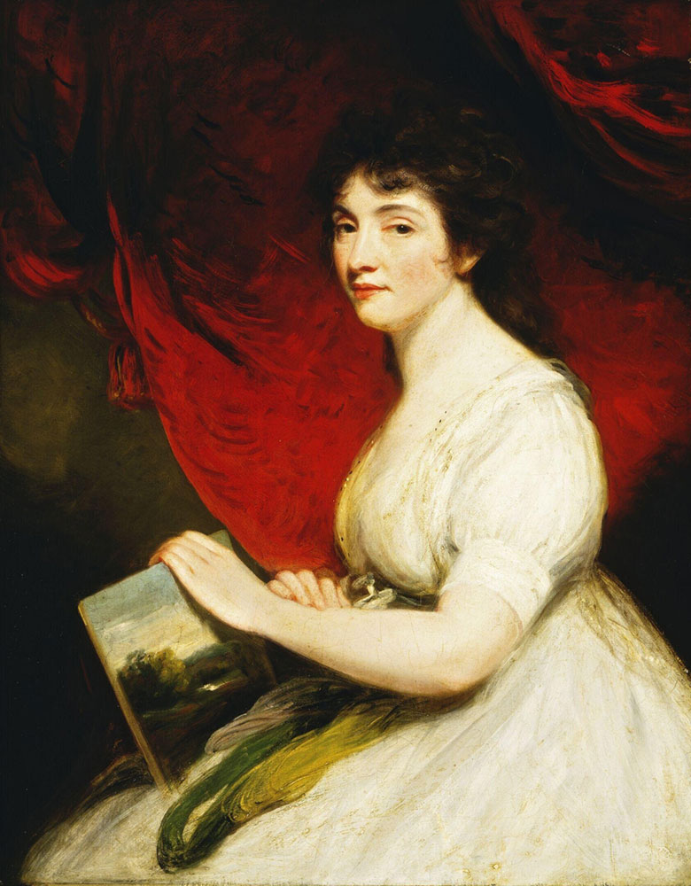 A painting of a woman in a white dress holding a painting and bundles of thread.