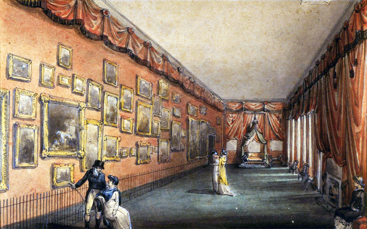 An illustration of an art gallery, with pictures on the left wall and windows and seats on the right. Several people are looking at the art.