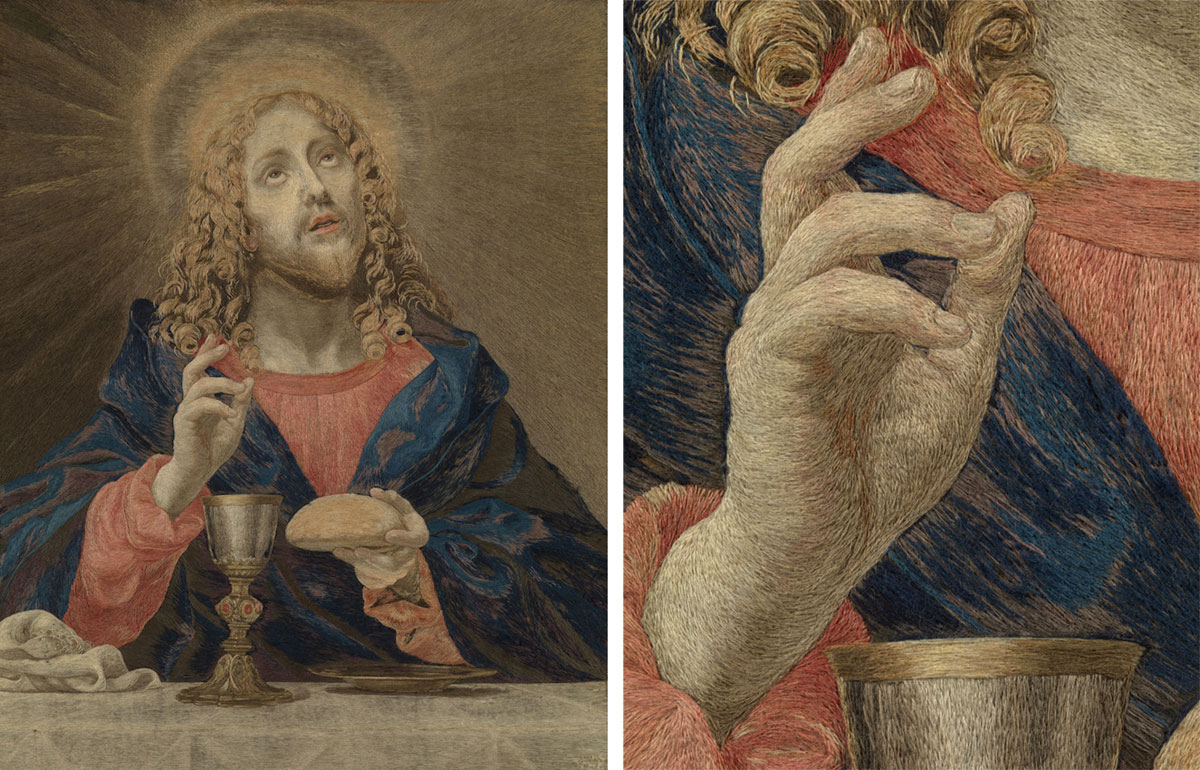 A composite picture of an embroidered artwork of Jesus holding a piece of bread with a cup in front of him, and a close-up of the stitching detail on his hand.