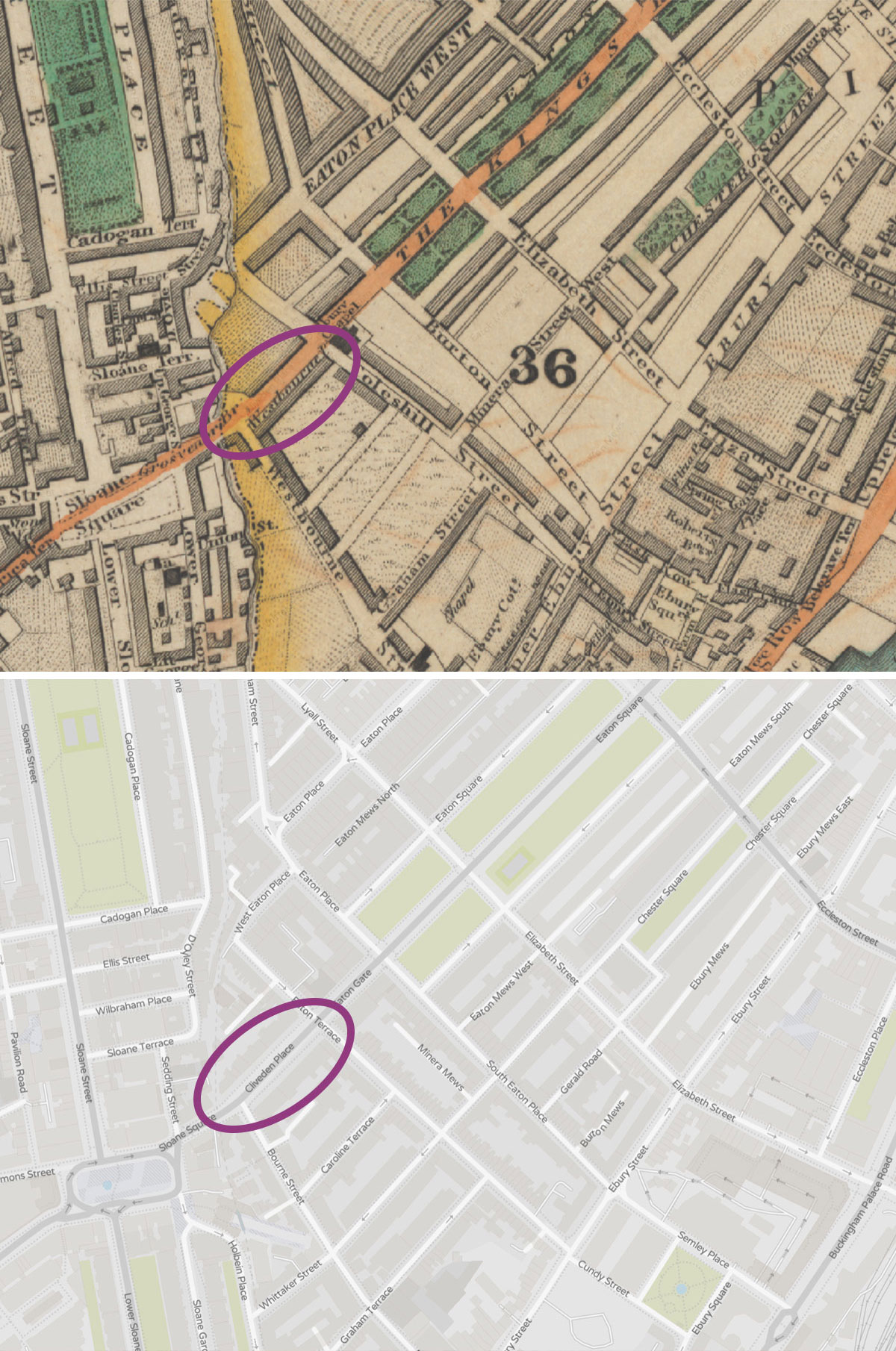 A composite of two maps of the same area of southwest London from the 1800s and 2000s